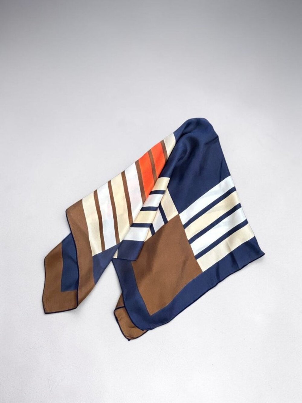 Vintage 70s 80s Geometric 24" Square 100% Silk Scarf Blue Brown Orange - Picture 2 of 9